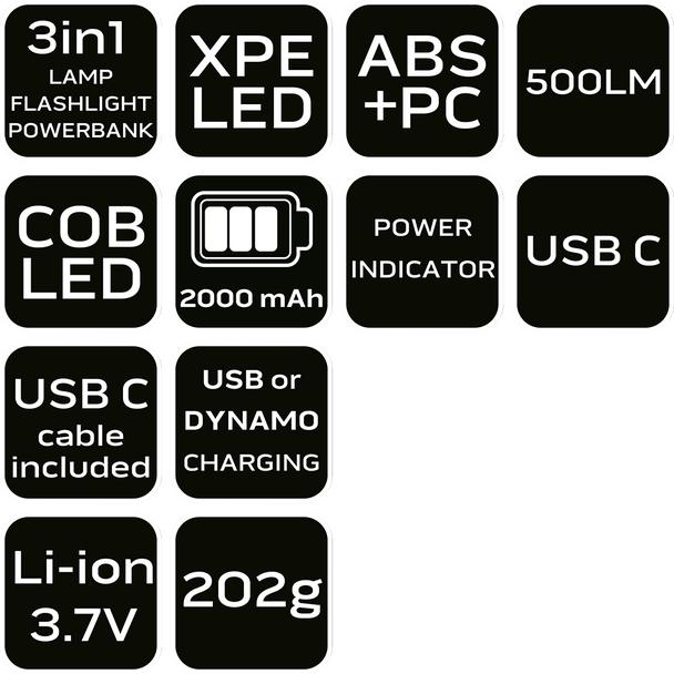 Lampa biwakowa akumulatorowa 500 lm powerbank + dynamo 3w1 SMD LED NEO TOOLS GTX 99-118 GTX Poland