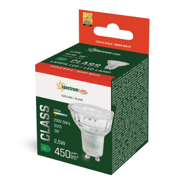 LED GU10 230V 2,5W SMD  A-CLASS WW z soczewką szklana 38st  SPECTRUM