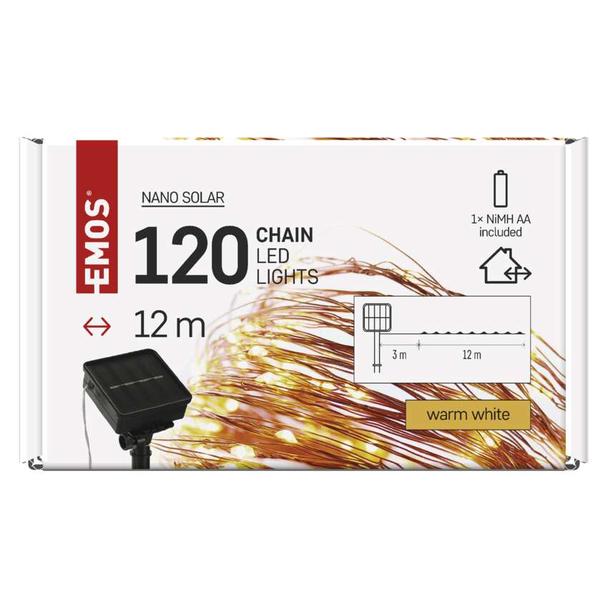 Lmpki świąteczne 120 LED nano łezki z panelem solarnym, miedź, 12 m, IP44, ciepła biel, timer D3ZW01 EMOS