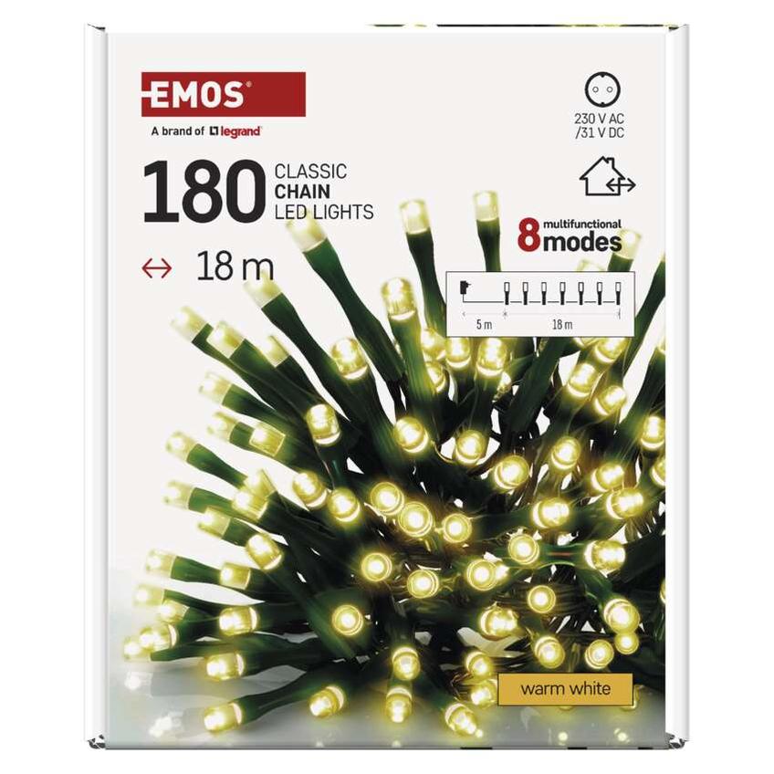 Lampki choinkowe Classic 180 LED 18m ciepła biel zielony przewód IP44 8 programów timer D4AW24 EMOS