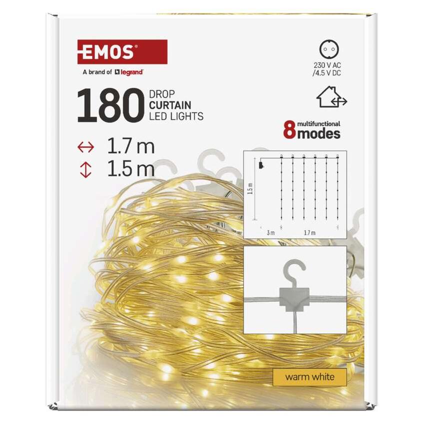 Lampki świąteczne 180 LED nano kurtyna 1,7x1,5m ciepła biel 8 programów IP44 D3EW02 EMOS