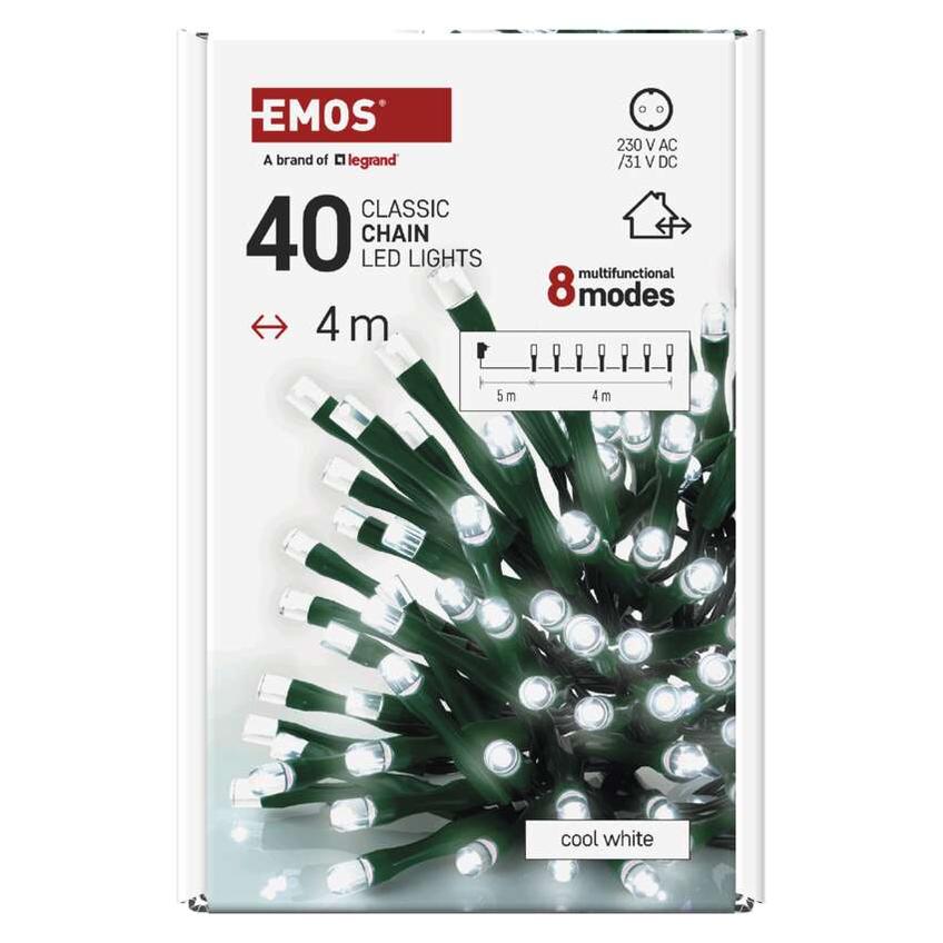 Lampki choinkowe Classic 40 LED 4m zimna biel zielony przewód IP44 8 programów timer D4AC21 EMOS