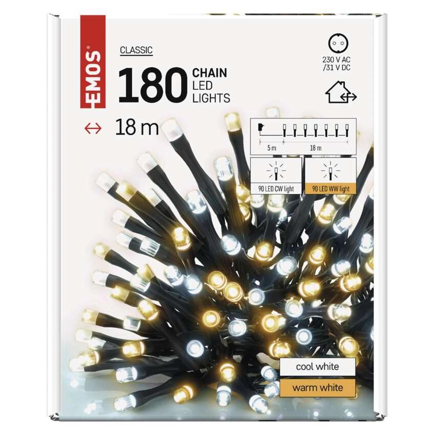 Lampki choinkowe Classic 180 LED 18m ciepła + zimna biel zielony przewód IP44 timer D4AN06 EMOS