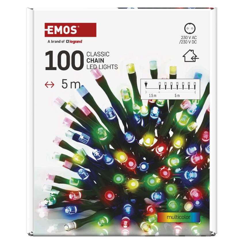Lampki choinkowe Classic 100 LED 5m multikolor zielony przewód IP20 D4GM02 EMOS