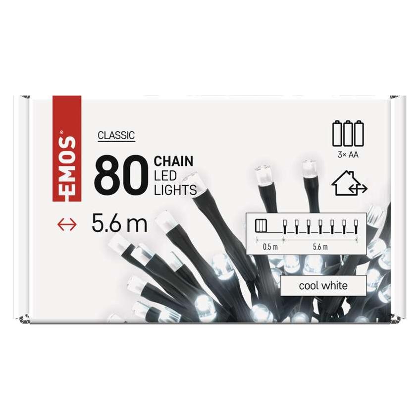 Lampki choinkowe LED Cluster 80 LED 5,6m 3xAA zimna biel zewnętrzne timer D4FC02 EMOS