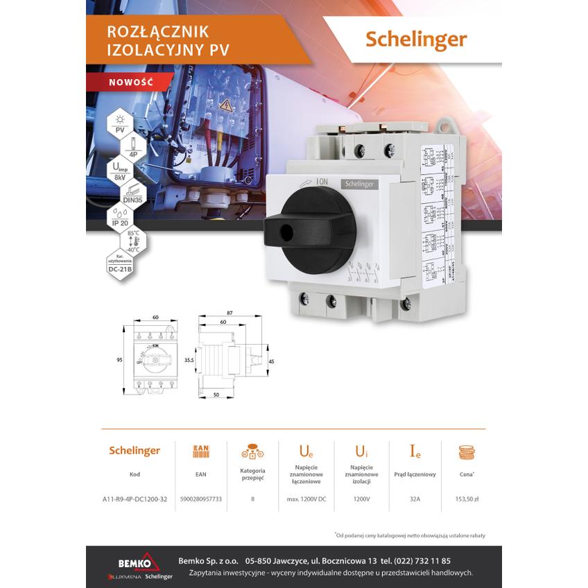 ROZŁĄCZNIK IZOLACYJNY PV 4-POLOWY 1200V DC 32A A11-R9-4P-DC1200-32 BEMKO