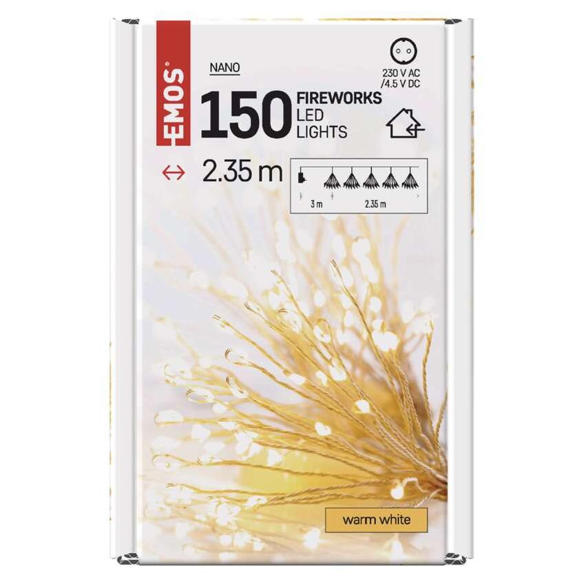 Dekoracje lampki 150 LED 2,35 m nano łezki frędzle ciepła biel, przeźroczysty przewód IP20 timer D3AW08 EMOS