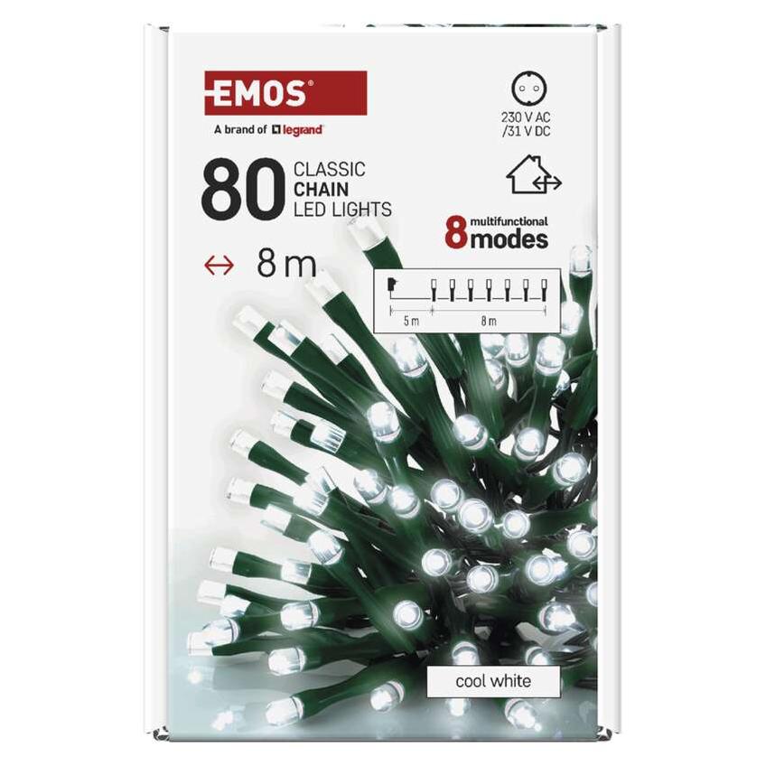 Lampki choinkowe Classic 80 LED 8m zimna biel IP44 8 programów timer D4AC22 EMOS