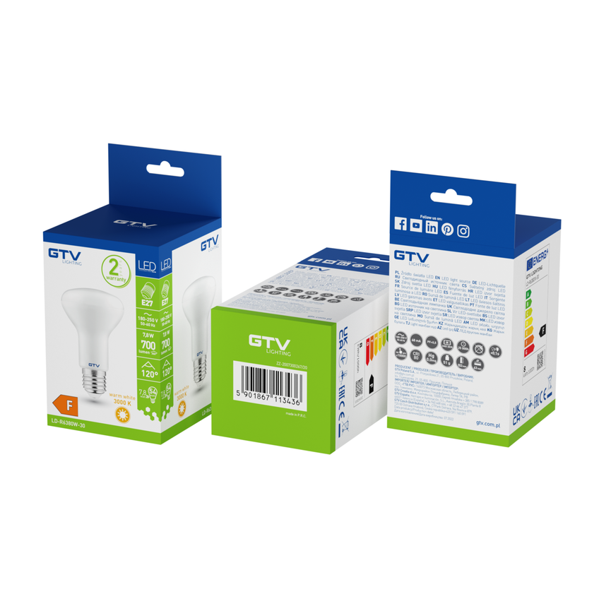 Żarówka LED R63 ciepły biały E27 8W AC 220-240V 120st. 650lm GTV LD-R6380W-30 GTV Poland