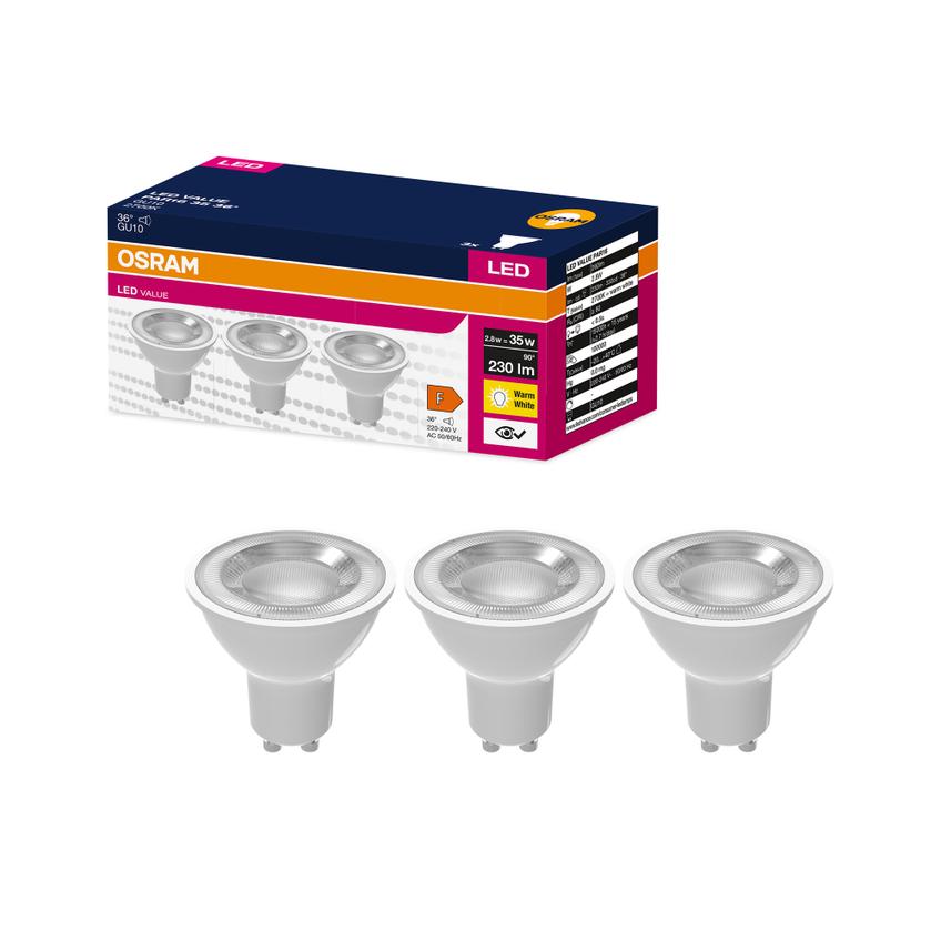 Żarówka LED x3 PAR16 Reflektor GU10 2.8W = 35W 230lm 2700K Ciepła 36° VALUE Osram