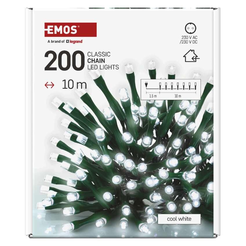 Lampki choinkowe Classic 200 LED 10m zimna biel zielony przewód IP20 D4GC03 EMOS