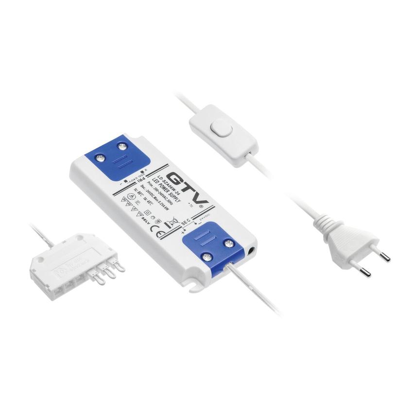 GTV TRANSFORMATOR LED SLIM GRUBOŚĆ 10mm, 6W, DC 24V, KABEL ZASILAJĄCY W WŁĄCZNIKIEM, WYJŚCIE KABEL ZE ZŁĄCZKĄ MINI AMP LD-SZA06W-24 GTV Poland