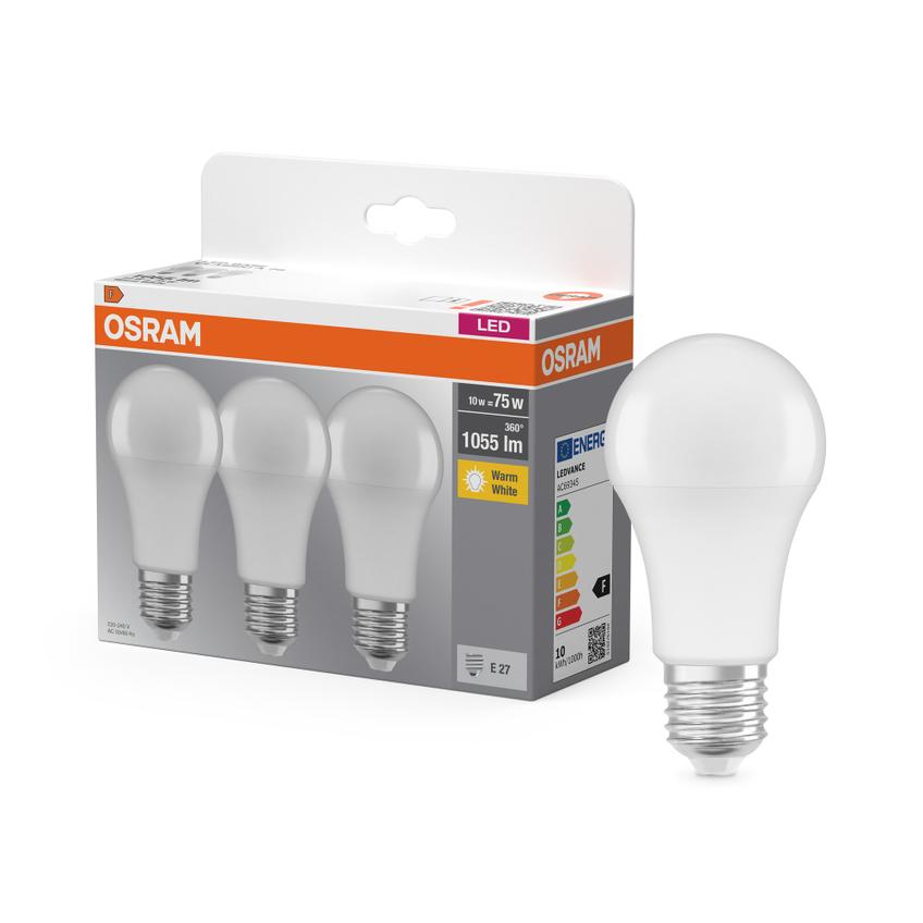 Żarówka LED x3 A60 E27 10W = 75W 1055lm 2700K Ciepła 150° BASE Osram