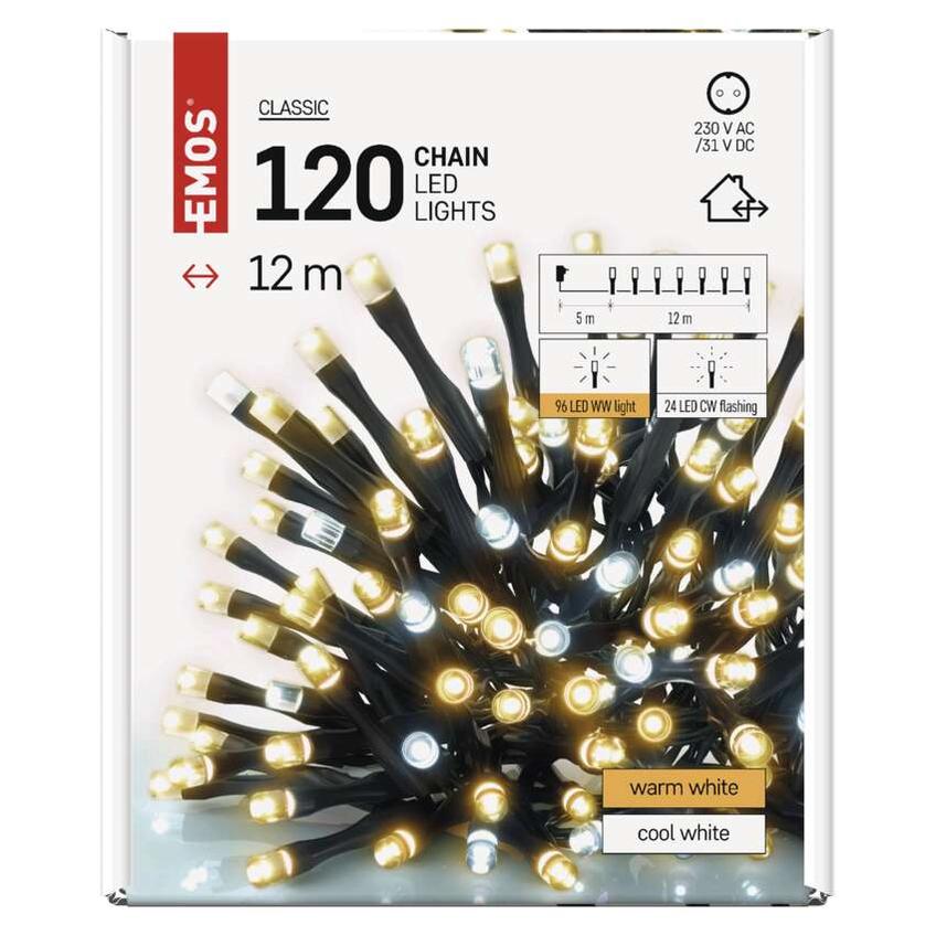Lampki choinkowe Classic 120 LED 12m ciepła biel + zimna biel miga, IP44, timer D4AN02 EMOS