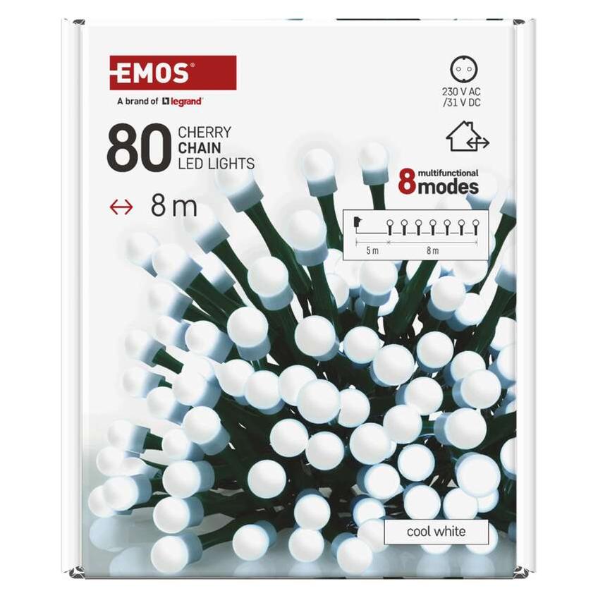 Lampki choinkowe 80 LED cherry 8m zimna biel zielony przewód IP44 8 programów timer D5AC22 EMOS