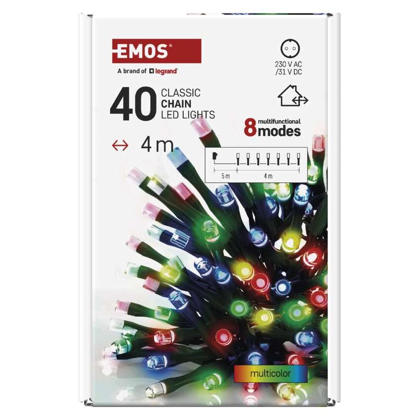 Lampki choinkowe Classic 40 LED 4m multikolor zielony przewód IP44 8 programów timer D4AM21 EMOS