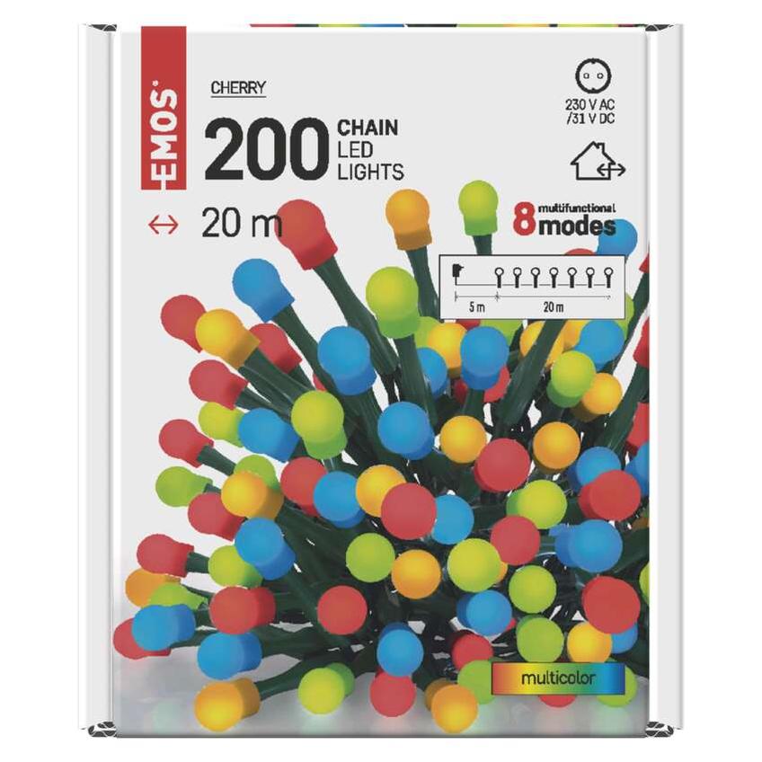 Lampki choinkowe 200 LED cherry 20m multikolor zielony przewód 8 programów IP44 D5AM06 EMOS