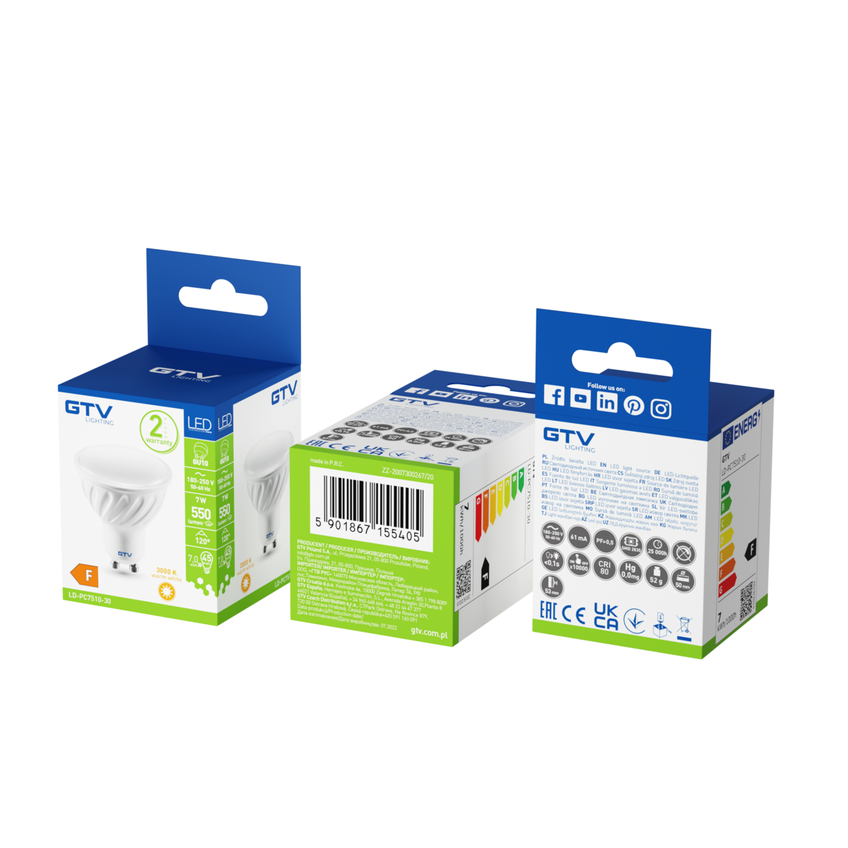 Żarówka LED GU10 7,5W 570lm 3000K AC230V 120st. GTV LD-PC7510-30 GTV Poland