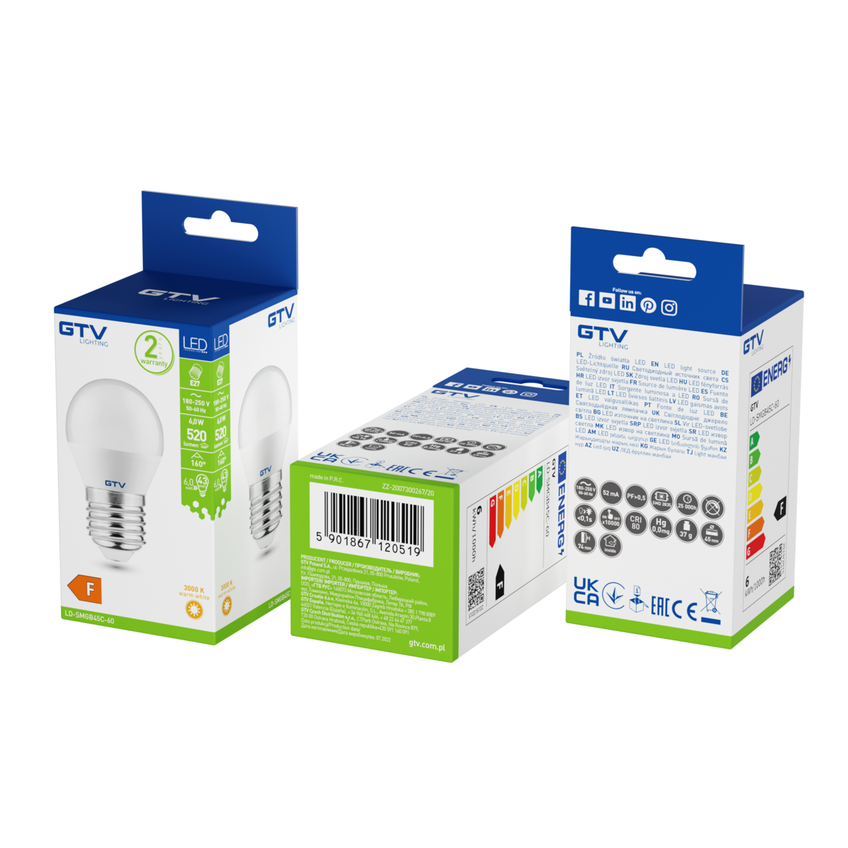 Żarówka LED E27 6W 470lm 3000K ciepła biel kulka LD-SMGB45C-60 GTV Poland
