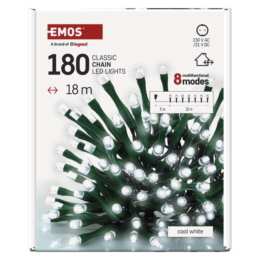 Lampki choinkowe Classic 180 LED 18m zimna biel IP44 8 programów timer D4AC24 EMOS