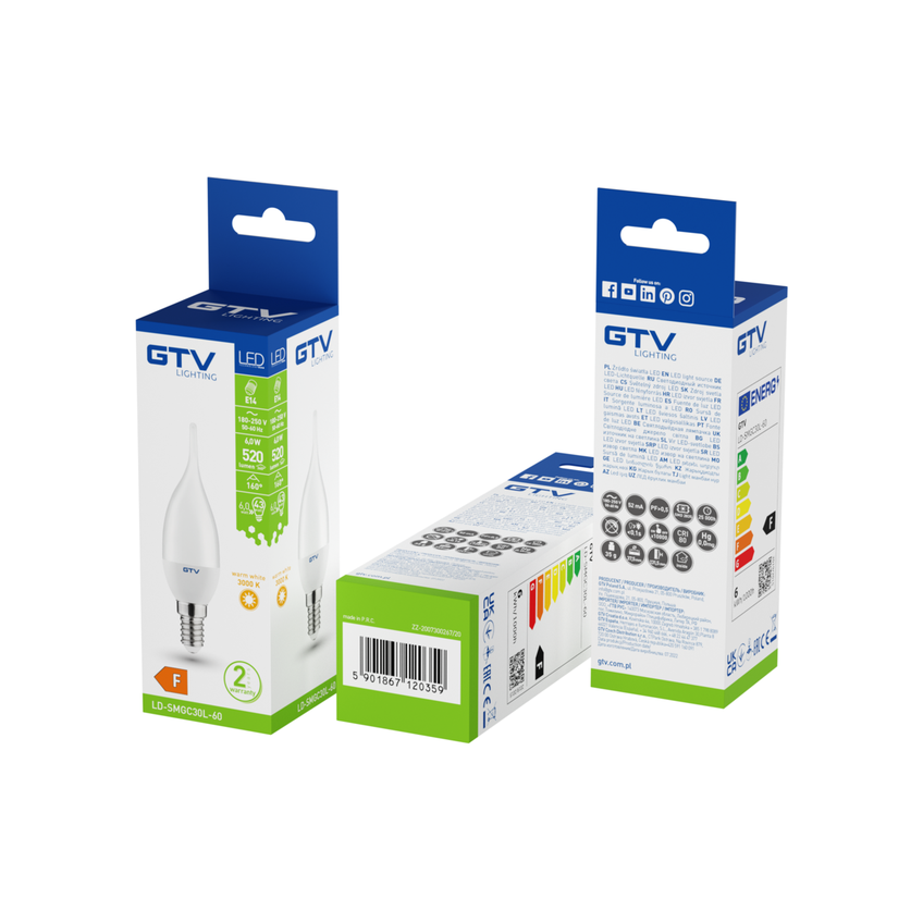 ŻARÓWKA LED, C30L, 14 LED SMD 2835, CIEPŁY BIAŁY, E14, 6W, AC220-240V, KĄT ŚWIECENIA  160*, 470LM