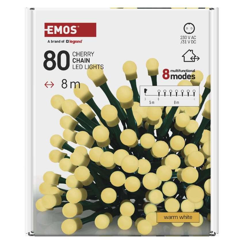 Lampki choinkowe 80 LED cherry 8m ciepła biel zielony przewód IP44 8 programów timer D5AW22 EMOS
