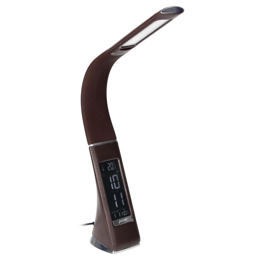 Lampka biurkowa DOLOMIT LED 4000K, 5W DIM z zegarem, imitacja skóry/chrom brązowa DL-12/BR ORNO