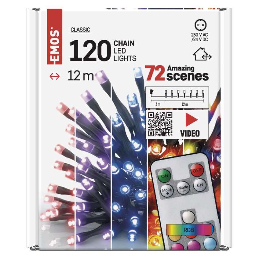 Lampki choinkowe Classic 120 LED 12m RGB 72 programy pilot IP44 timer D4AA03 EMOS