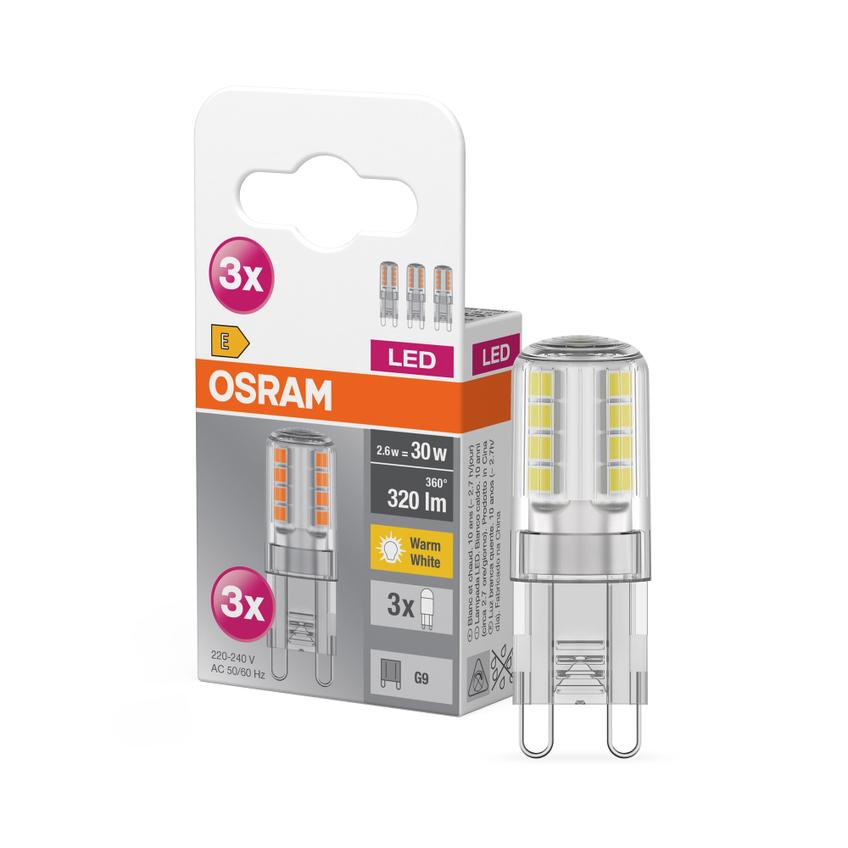 Żarówka LED x3 Kapsułka G9 2.6W = 30W 320lm 2700K Ciepła 300° BASE Osram