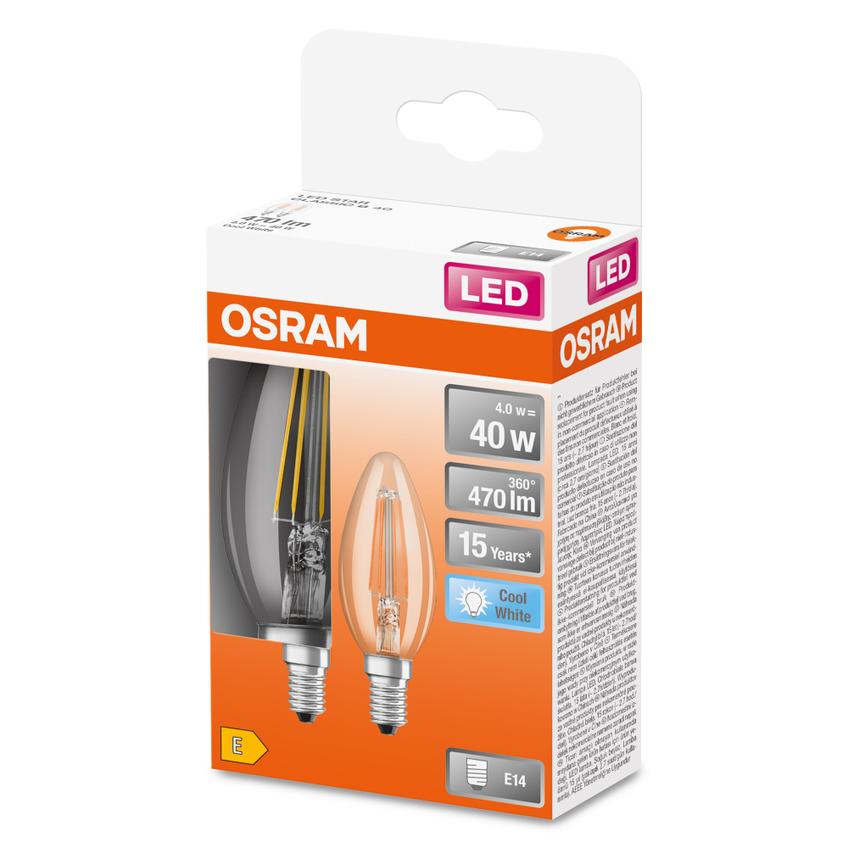Żarówka LED x2 B35 Świeczka E14 4W = 40W 470lm 4000K Neutralna 300° Retrofit Filament CLASSIC Osram