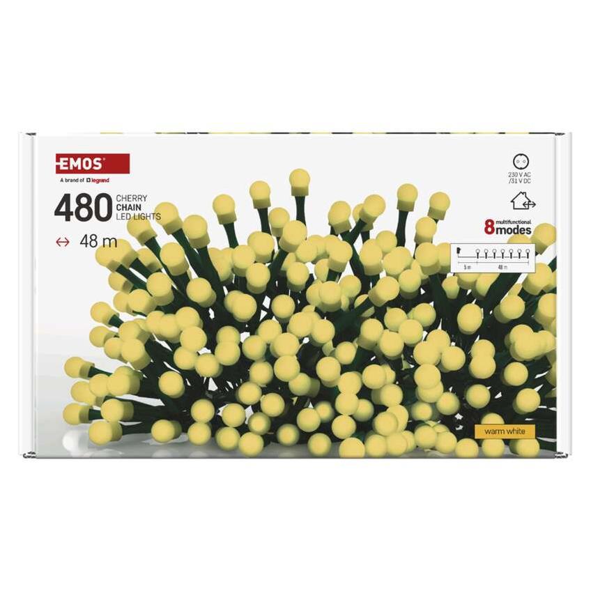 Lampki choinkowe 480 LED cherry 48m ciepła biel zielony przewód IP44 8 programów timer D5AW25 EMOS